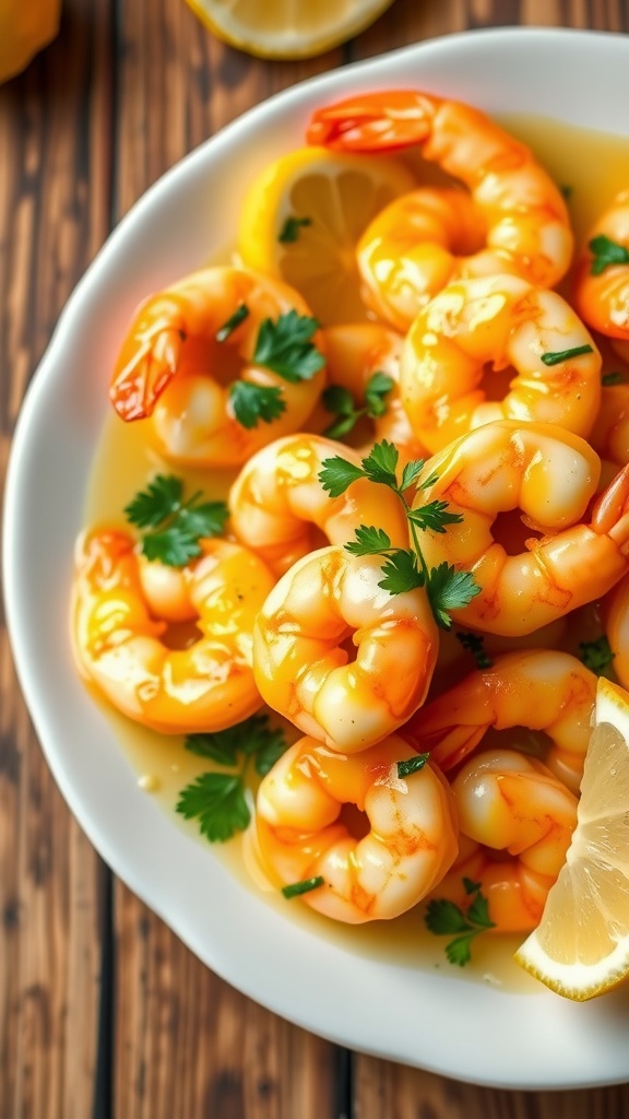 A plate of garlic butter shrimp with lemon and parsley on a rustic wooden table.